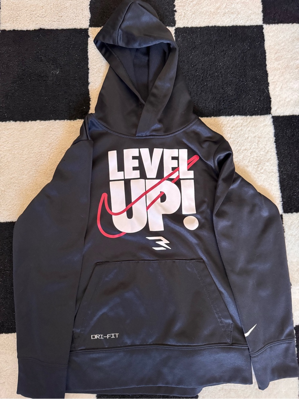 Nike Black Hoodie with White "LEVEL UP!" Front Graphic and Red Swoosh